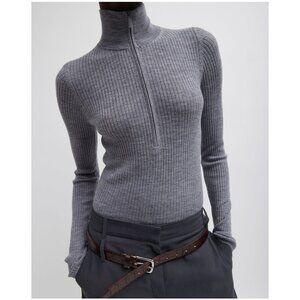 Tibi Feather Weight Ribbed Wool Turtleneck Zip Up Sweater | Size Small | Gray